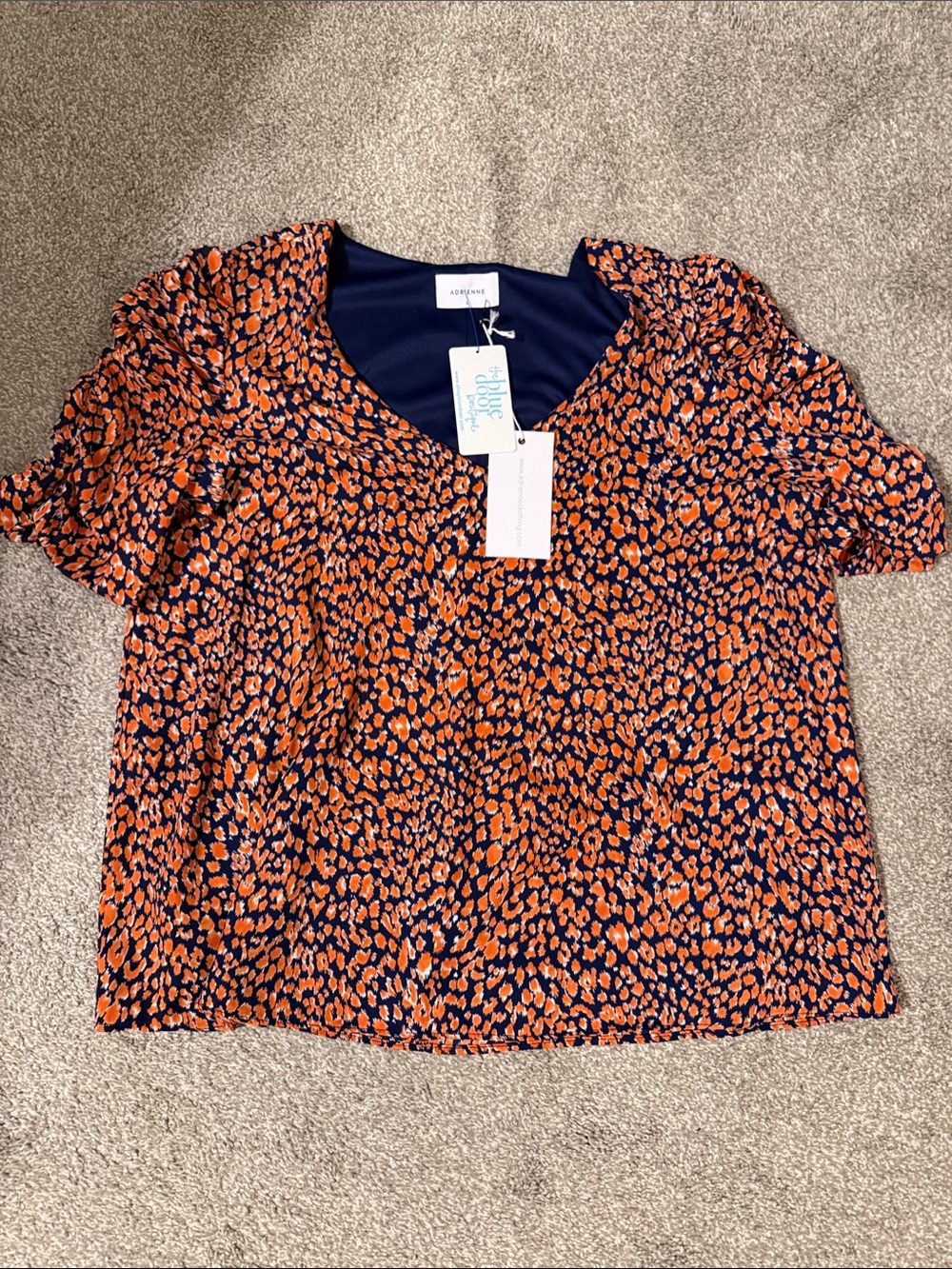 Lush Navy and Orange Short Sleeve Printed Blouse